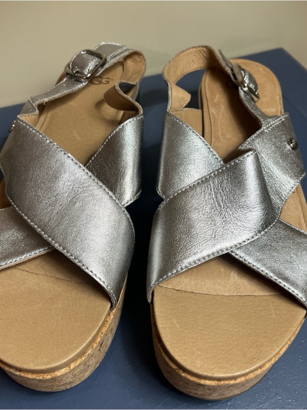 The UGG Shoshana Metallic Platform Sandal in silver stylish crisscross leather